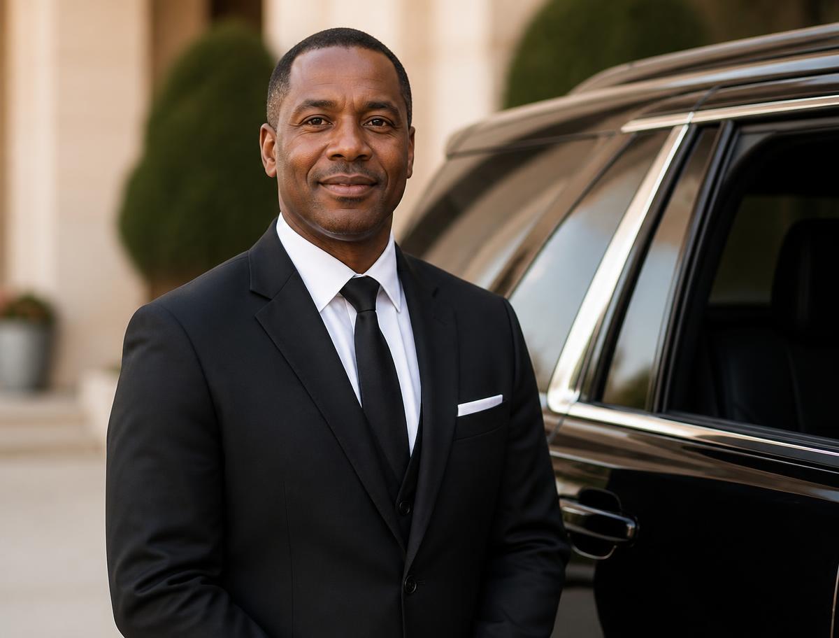 A professional Bigfleet chauffeur beside a black luxury vehicle