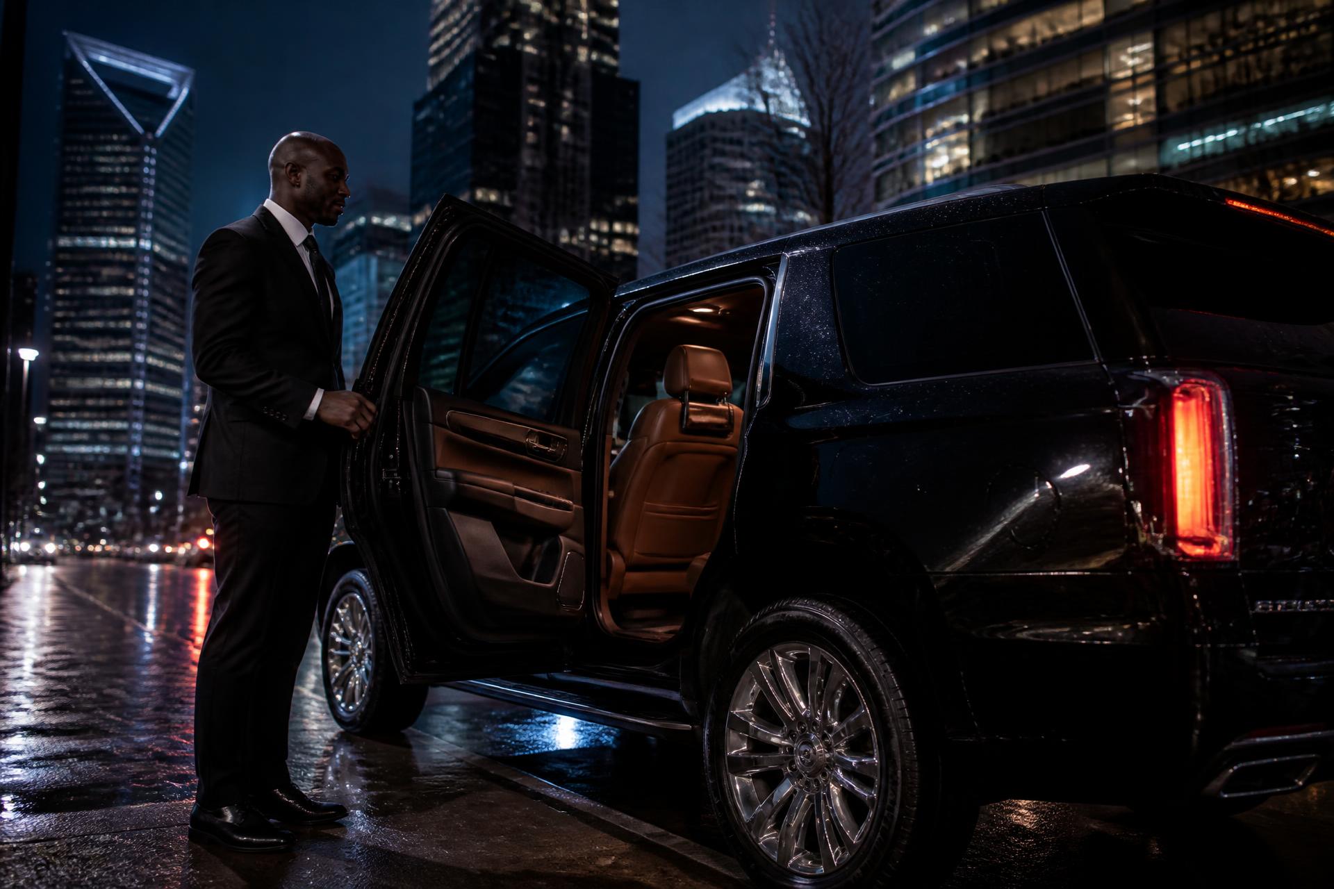 Bigfleet chauffeur opening the rear door of a black luxury SUV in Charlotte at night